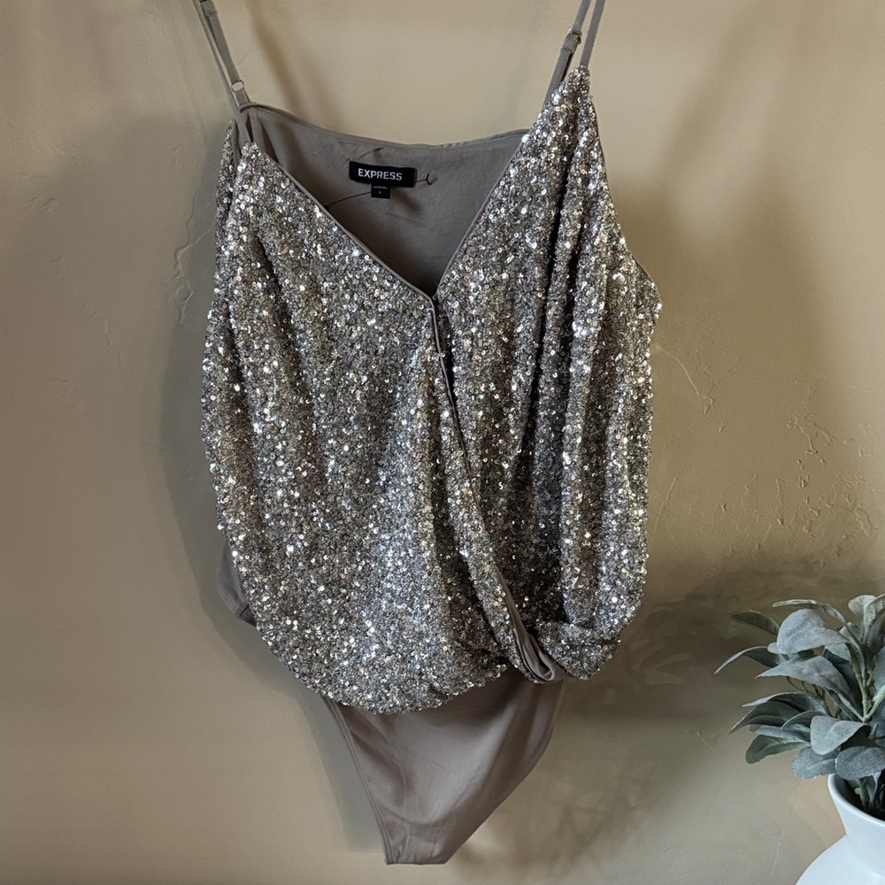 Express Silver Sequin Draped V-Neck Bodysuit